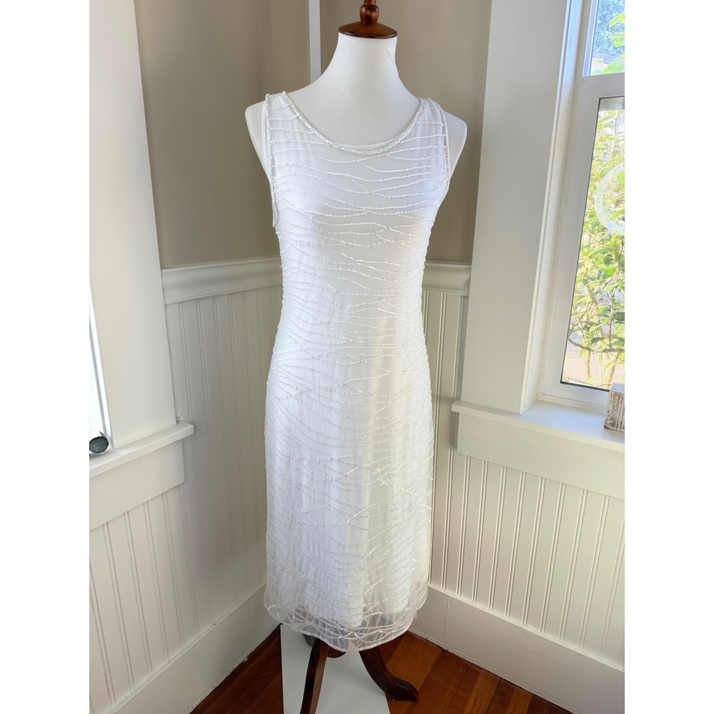 Escada White Beaded Mesh Overlay Sheath Midi Dress Sleeveless Size M
